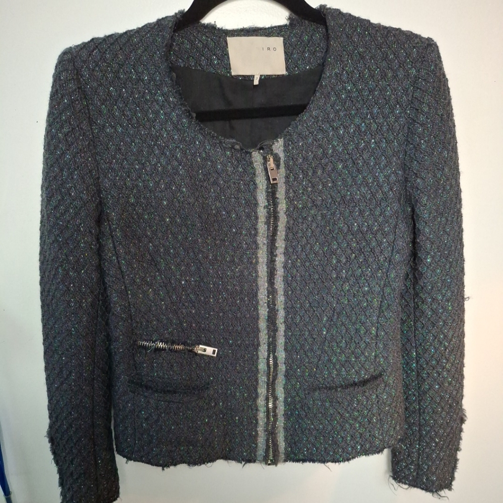 Iro Julianne Metalic Silver Tweed 'Frayed' Blazer Size 2